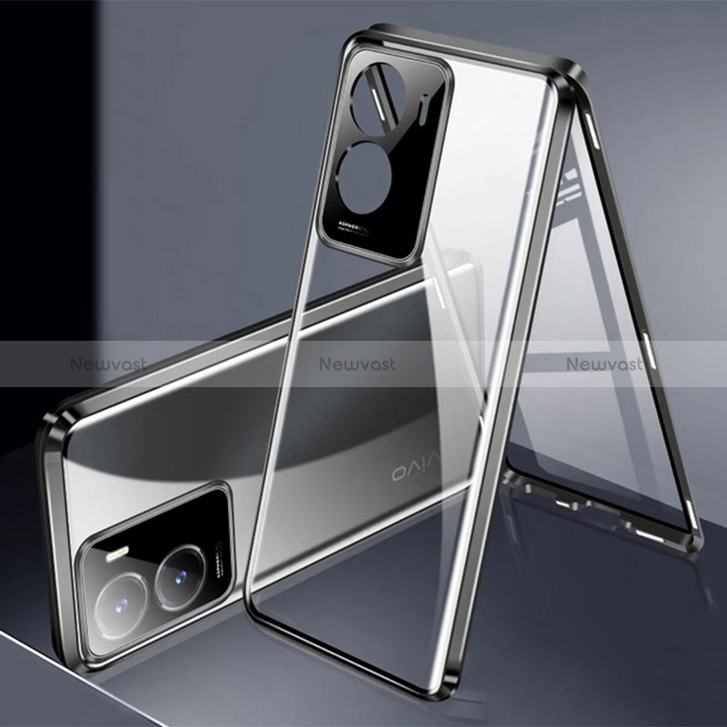 Luxury Aluminum Metal Frame Mirror Cover Case 360 Degrees P01 for Vivo Y35 5G Black