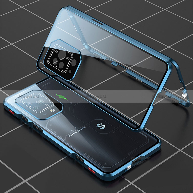 Luxury Aluminum Metal Frame Mirror Cover Case 360 Degrees P01 for Xiaomi Black Shark 5 Pro 5G Blue