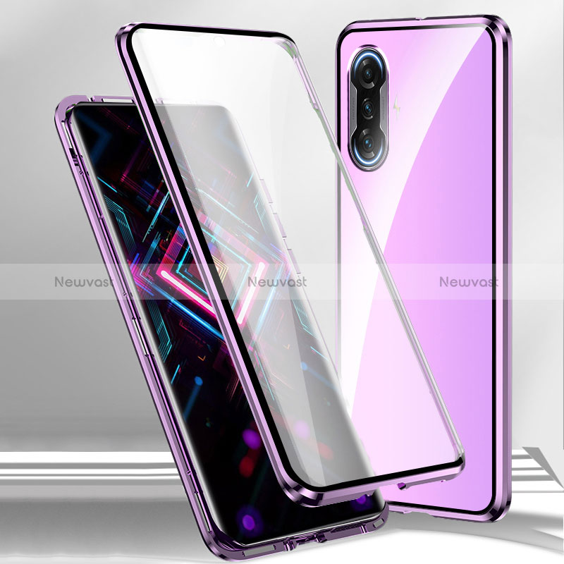 Luxury Aluminum Metal Frame Mirror Cover Case 360 Degrees P01 for Xiaomi Redmi K40 Gaming 5G Purple