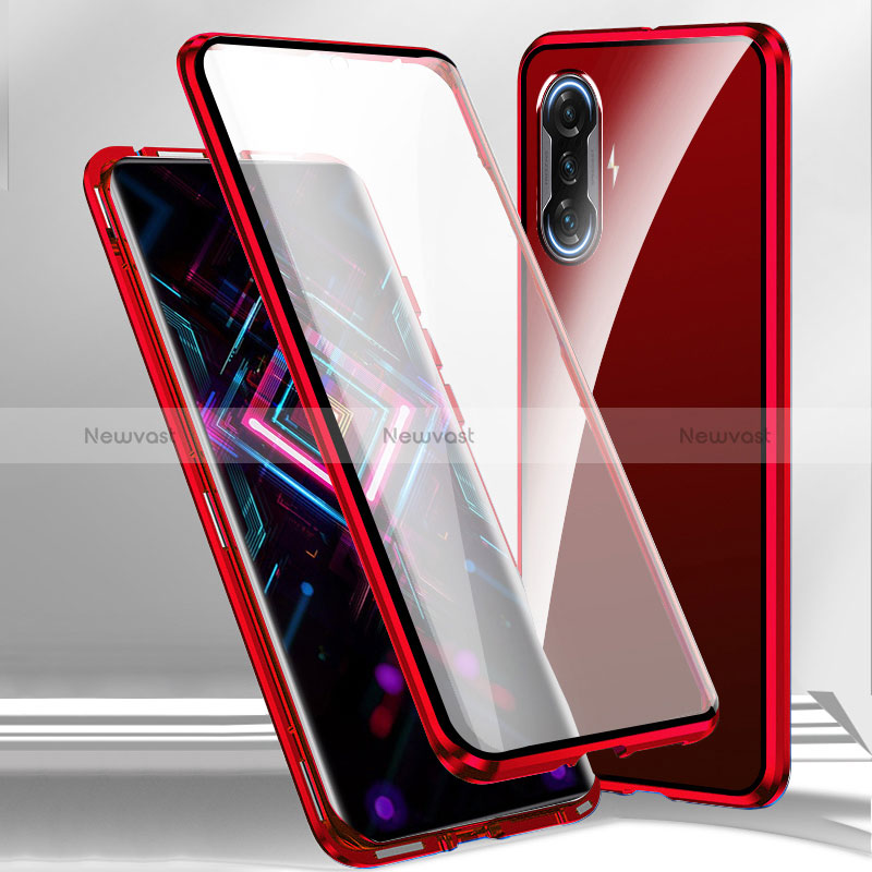 Luxury Aluminum Metal Frame Mirror Cover Case 360 Degrees P01 for Xiaomi Redmi K40 Gaming 5G Red