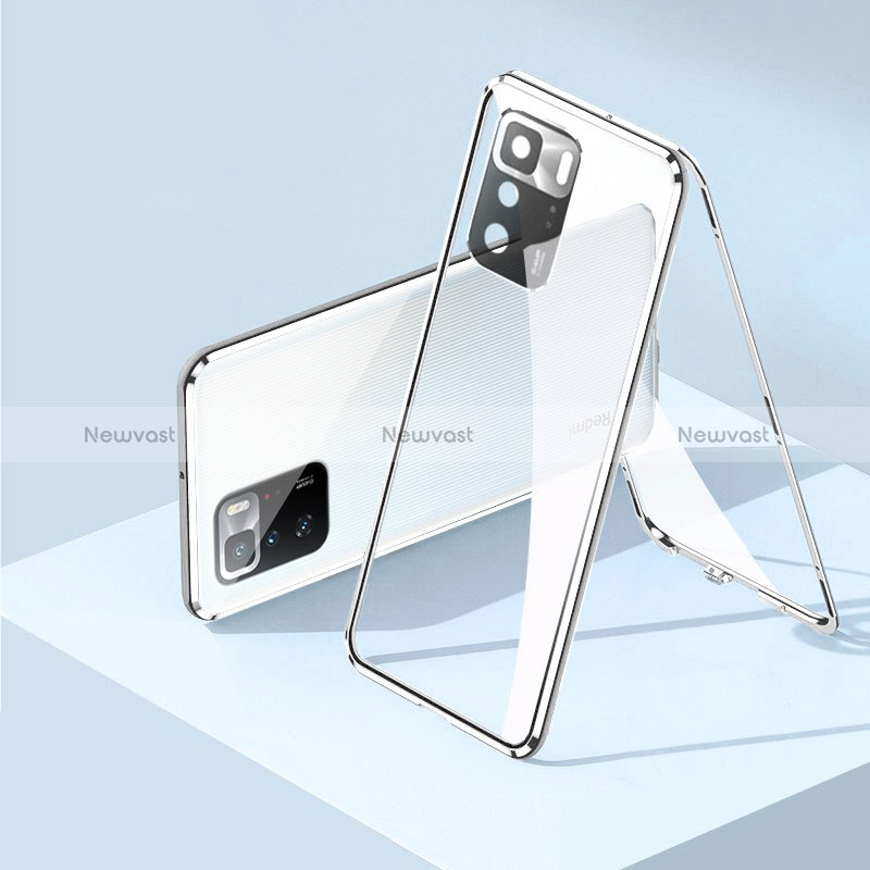 Luxury Aluminum Metal Frame Mirror Cover Case 360 Degrees P01 for Xiaomi Redmi Note 10 Pro 5G Silver