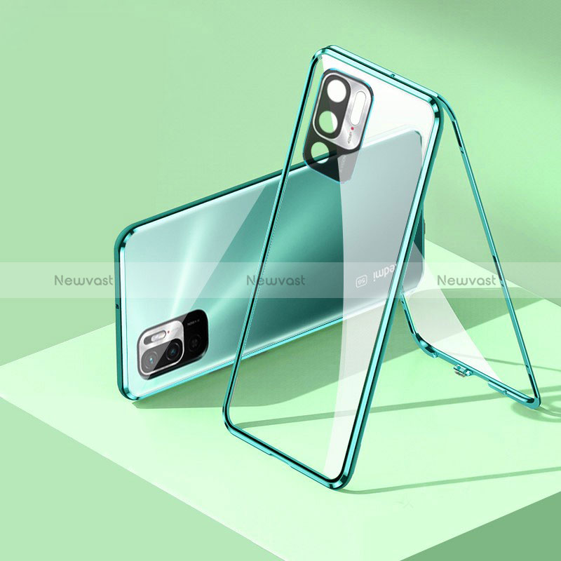 Luxury Aluminum Metal Frame Mirror Cover Case 360 Degrees P01 for Xiaomi Redmi Note 10T 5G Green