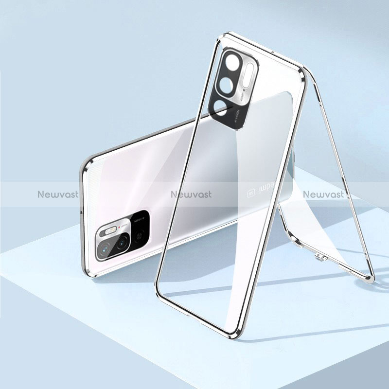 Luxury Aluminum Metal Frame Mirror Cover Case 360 Degrees P01 for Xiaomi Redmi Note 10T 5G Silver