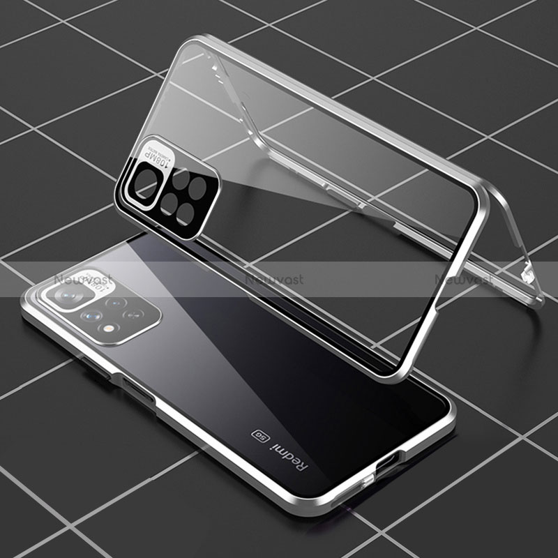 Luxury Aluminum Metal Frame Mirror Cover Case 360 Degrees P01 for Xiaomi Redmi Note 11 Pro+ Plus 5G Silver