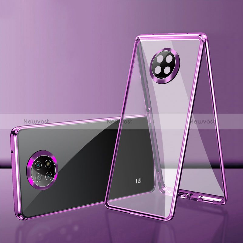 Luxury Aluminum Metal Frame Mirror Cover Case 360 Degrees P01 for Xiaomi Redmi Note 9 5G Purple