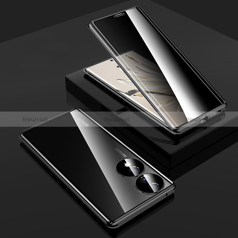 Luxury Aluminum Metal Frame Mirror Cover Case 360 Degrees P02 for Huawei Honor 70 5G Black