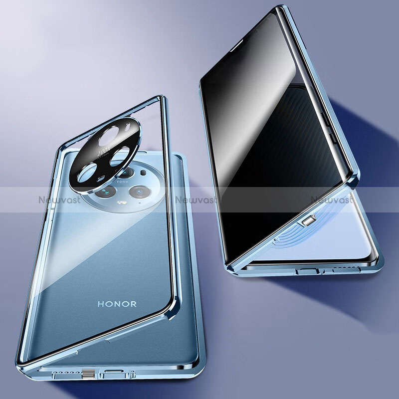 Luxury Aluminum Metal Frame Mirror Cover Case 360 Degrees P02 for Huawei Honor Magic5 Pro 5G Blue