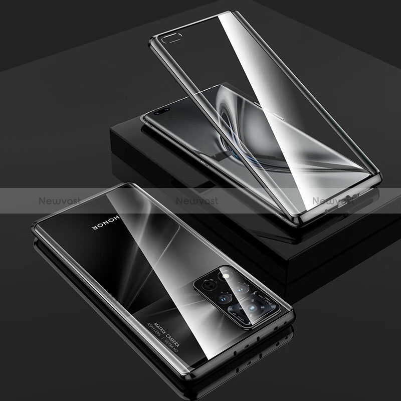 Luxury Aluminum Metal Frame Mirror Cover Case 360 Degrees P02 for Huawei Honor V40 5G Black