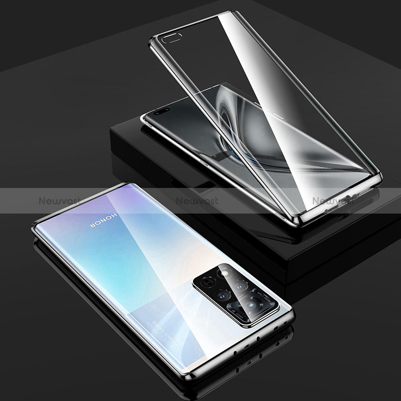 Luxury Aluminum Metal Frame Mirror Cover Case 360 Degrees P02 for Huawei Honor V40 5G Silver