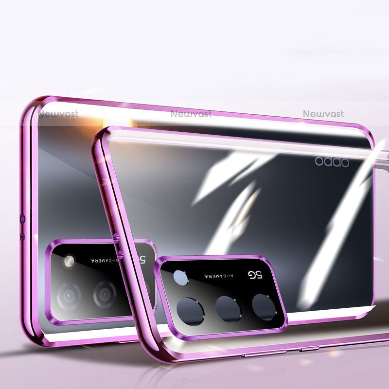 Luxury Aluminum Metal Frame Mirror Cover Case 360 Degrees P02 for Oppo A55 5G Purple