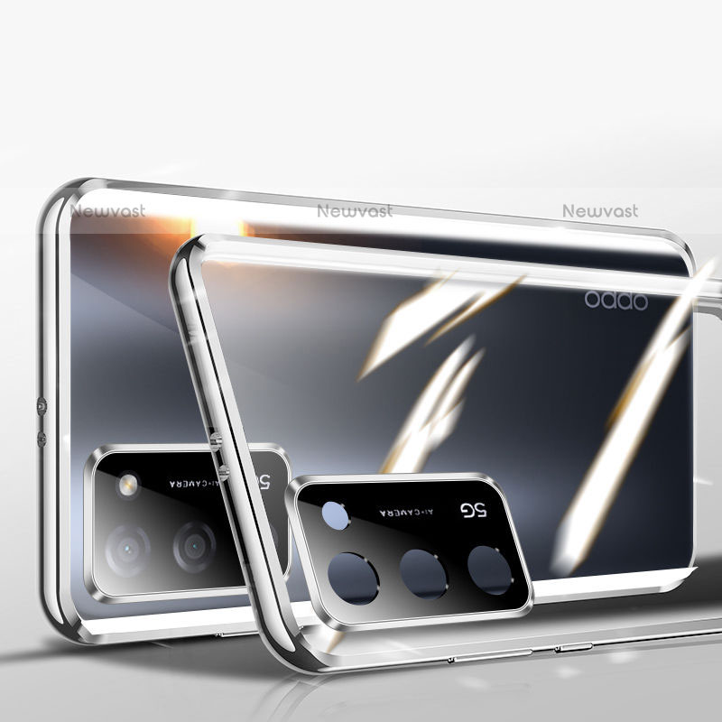 Luxury Aluminum Metal Frame Mirror Cover Case 360 Degrees P02 for Oppo A55 5G Silver