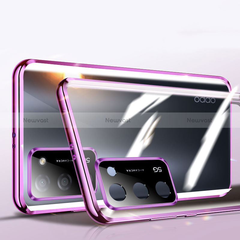 Luxury Aluminum Metal Frame Mirror Cover Case 360 Degrees P02 for Oppo A56 5G Purple