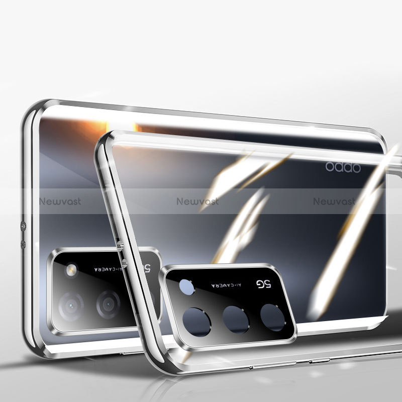 Luxury Aluminum Metal Frame Mirror Cover Case 360 Degrees P02 for Oppo A56 5G Silver