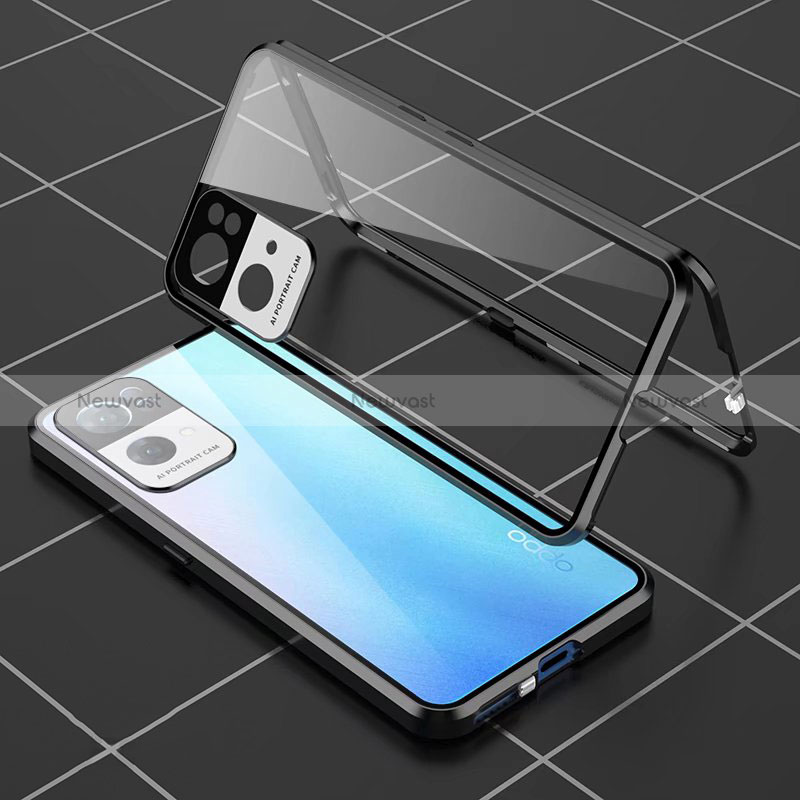 Luxury Aluminum Metal Frame Mirror Cover Case 360 Degrees P02 for Oppo Reno7 Pro 5G Black