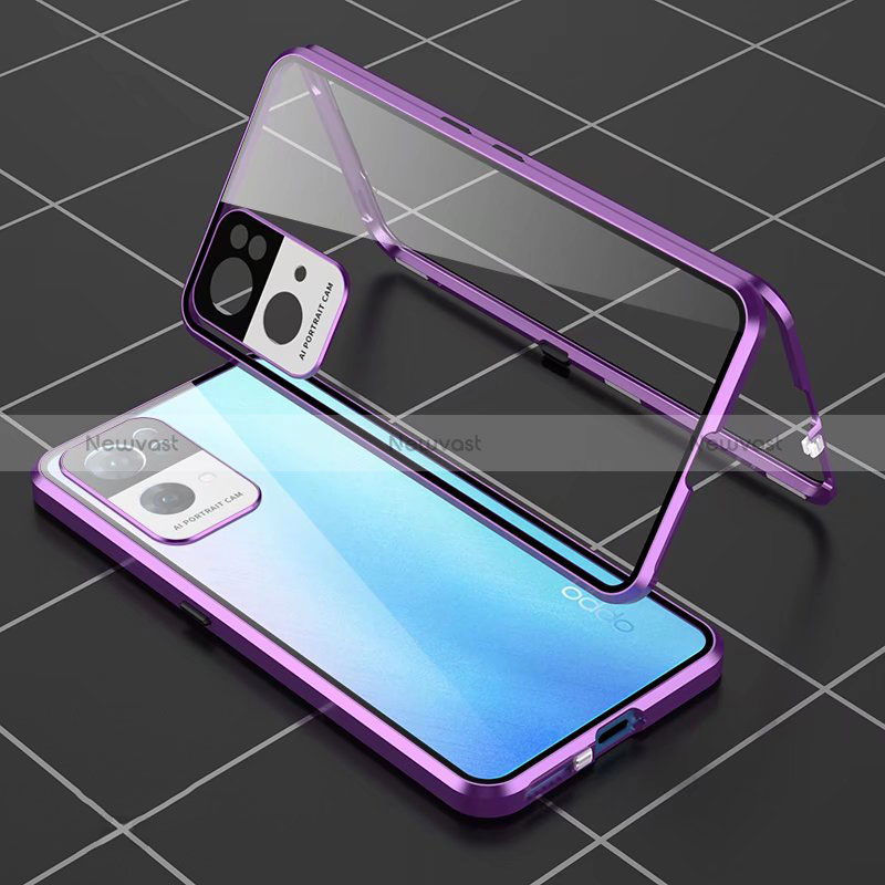 Luxury Aluminum Metal Frame Mirror Cover Case 360 Degrees P02 for Oppo Reno7 Pro 5G Purple