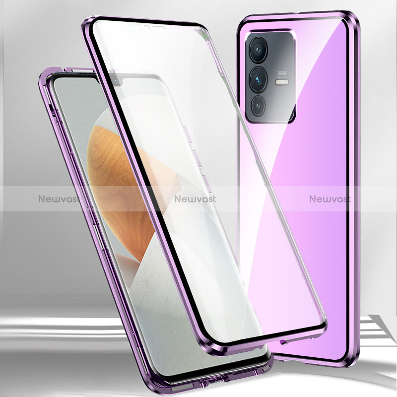 Luxury Aluminum Metal Frame Mirror Cover Case 360 Degrees P02 for Vivo V25 Pro 5G Purple