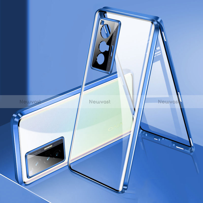 Luxury Aluminum Metal Frame Mirror Cover Case 360 Degrees P02 for Vivo X70 5G Blue