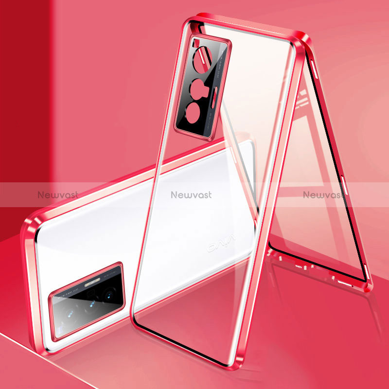 Luxury Aluminum Metal Frame Mirror Cover Case 360 Degrees P02 for Vivo X70 5G Red