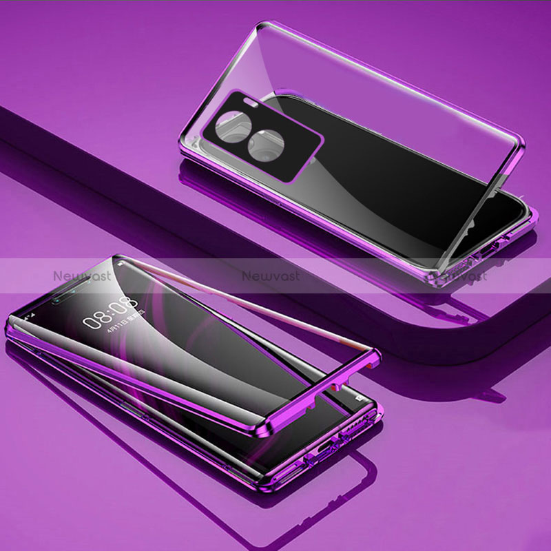 Luxury Aluminum Metal Frame Mirror Cover Case 360 Degrees P02 for Vivo Y55s (2021) Purple