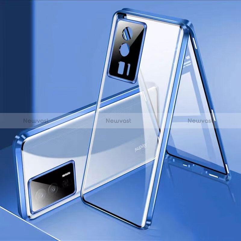 Luxury Aluminum Metal Frame Mirror Cover Case 360 Degrees P02 for Xiaomi Poco F5 Pro 5G Blue