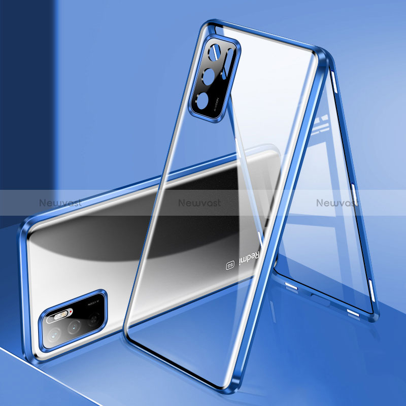 Luxury Aluminum Metal Frame Mirror Cover Case 360 Degrees P02 for Xiaomi Redmi Note 10 5G Blue