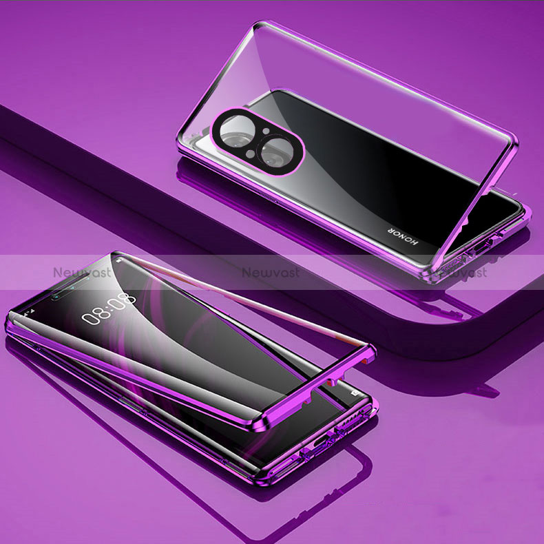 Luxury Aluminum Metal Frame Mirror Cover Case 360 Degrees P03 for Huawei Honor 50 SE 5G Purple