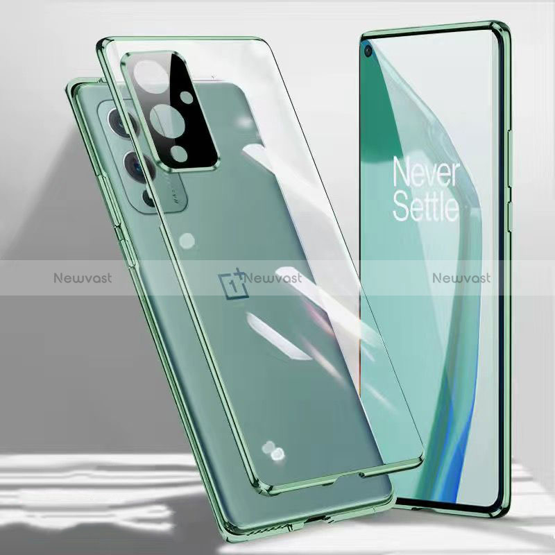 Luxury Aluminum Metal Frame Mirror Cover Case 360 Degrees P03 for OnePlus 9 5G Green