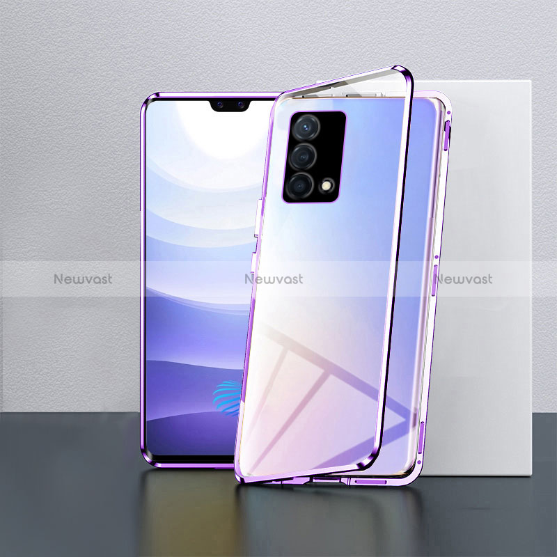 Luxury Aluminum Metal Frame Mirror Cover Case 360 Degrees P03 for Oppo K9 5G Purple