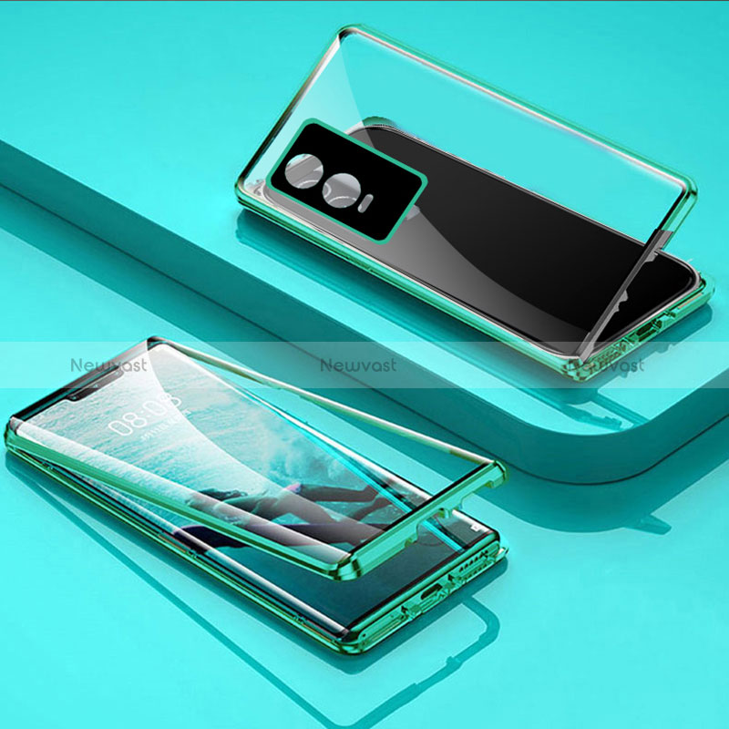 Luxury Aluminum Metal Frame Mirror Cover Case 360 Degrees P03 for Vivo Y76s 5G Green