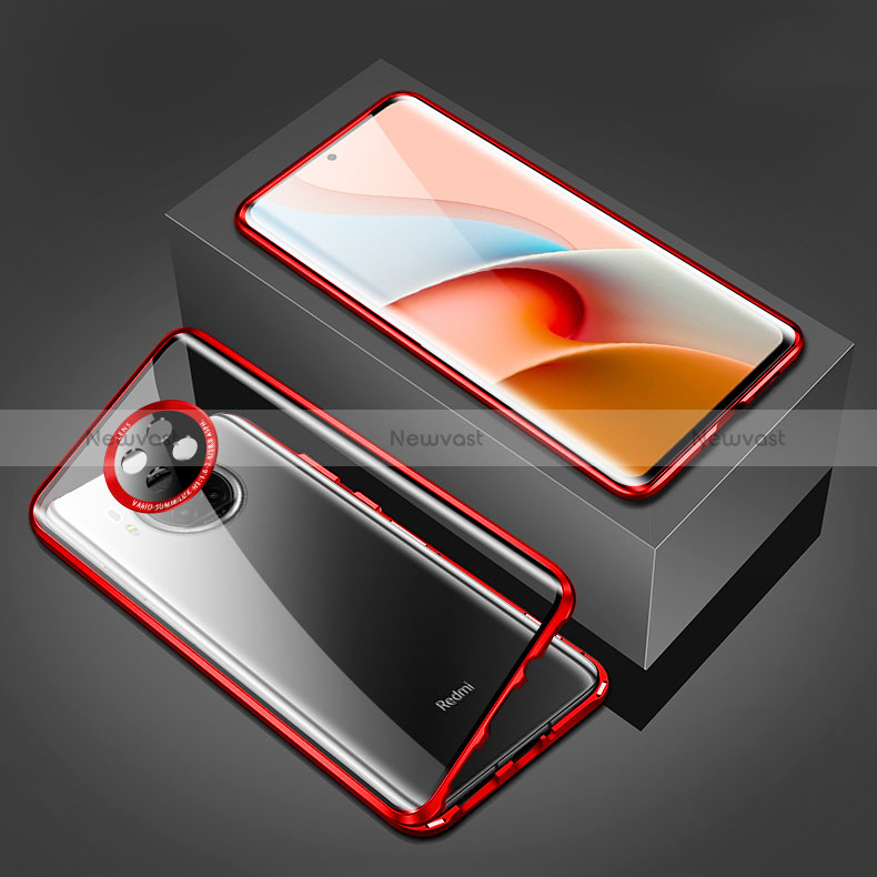 Luxury Aluminum Metal Frame Mirror Cover Case 360 Degrees P03 for Xiaomi Redmi Note 9 5G Red