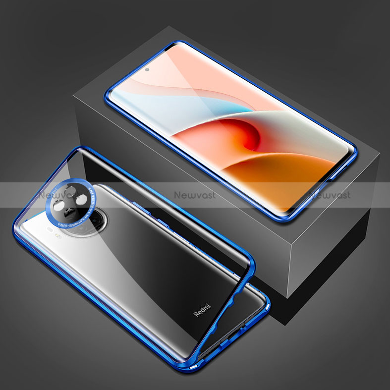 Luxury Aluminum Metal Frame Mirror Cover Case 360 Degrees P03 for Xiaomi Redmi Note 9T 5G Blue