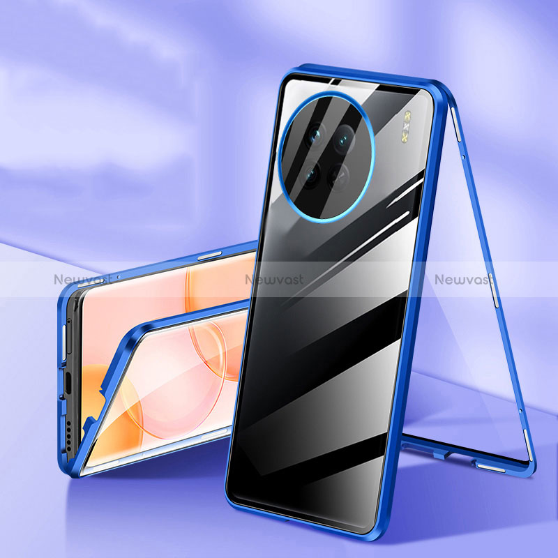 Luxury Aluminum Metal Frame Mirror Cover Case 360 Degrees P04 for OnePlus 11R 5G Blue