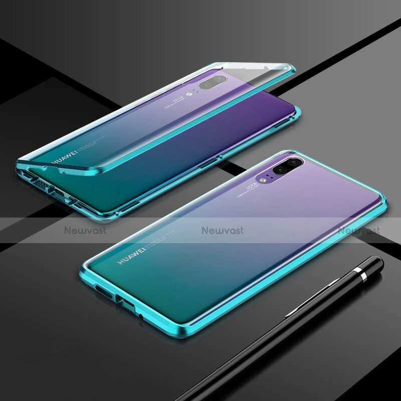 Luxury Aluminum Metal Frame Mirror Cover Case 360 Degrees T01 for Huawei P20 Cyan