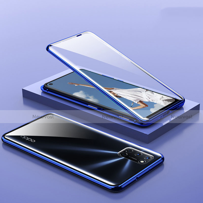 Luxury Aluminum Metal Frame Mirror Cover Case 360 Degrees T01 for Oppo A92 Blue