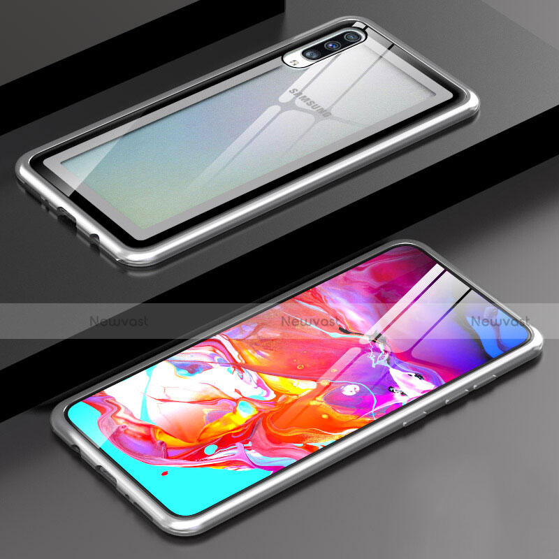 Luxury Aluminum Metal Frame Mirror Cover Case 360 Degrees T01 for Samsung Galaxy A70 Silver