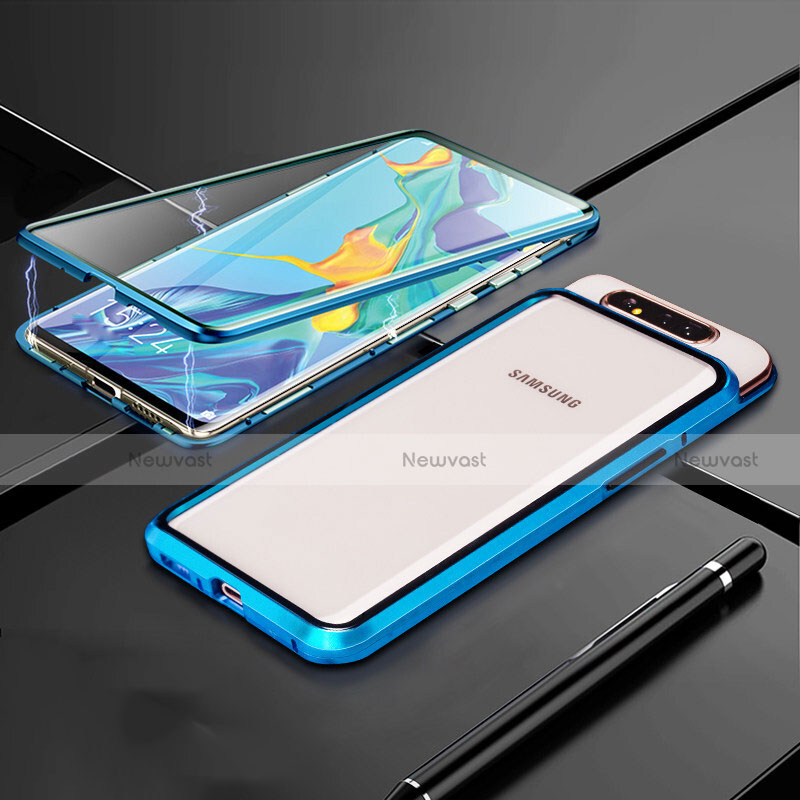 Luxury Aluminum Metal Frame Mirror Cover Case 360 Degrees T01 for Samsung Galaxy A80 Blue