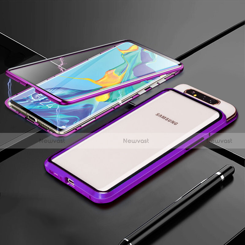 Luxury Aluminum Metal Frame Mirror Cover Case 360 Degrees T01 for Samsung Galaxy A80 Purple