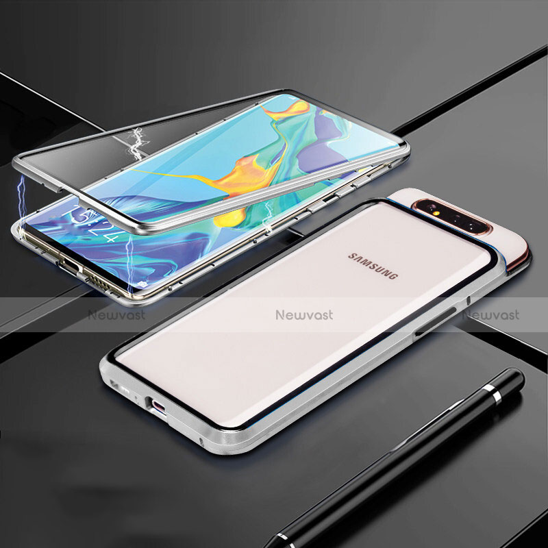 Luxury Aluminum Metal Frame Mirror Cover Case 360 Degrees T01 for Samsung Galaxy A80 Silver