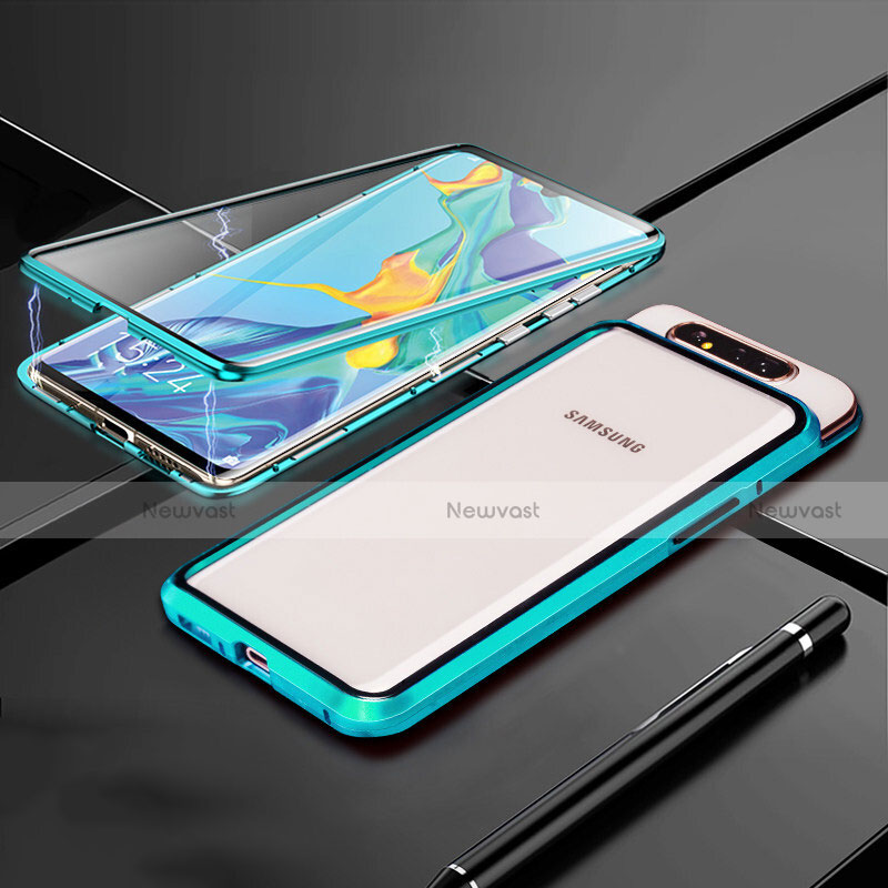 Luxury Aluminum Metal Frame Mirror Cover Case 360 Degrees T01 for Samsung Galaxy A90 4G Cyan
