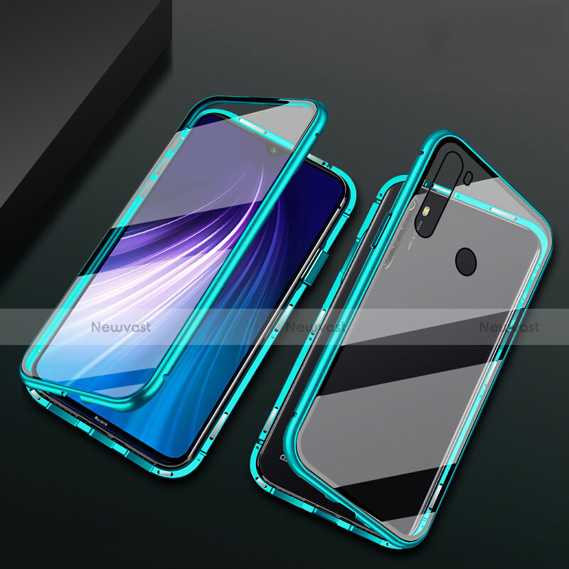 Luxury Aluminum Metal Frame Mirror Cover Case 360 Degrees T01 for Xiaomi Redmi Note 8 (2021) Cyan