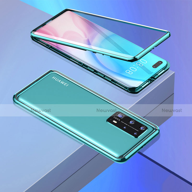 Luxury Aluminum Metal Frame Mirror Cover Case 360 Degrees T02 for Huawei P40 Pro+ Plus Cyan