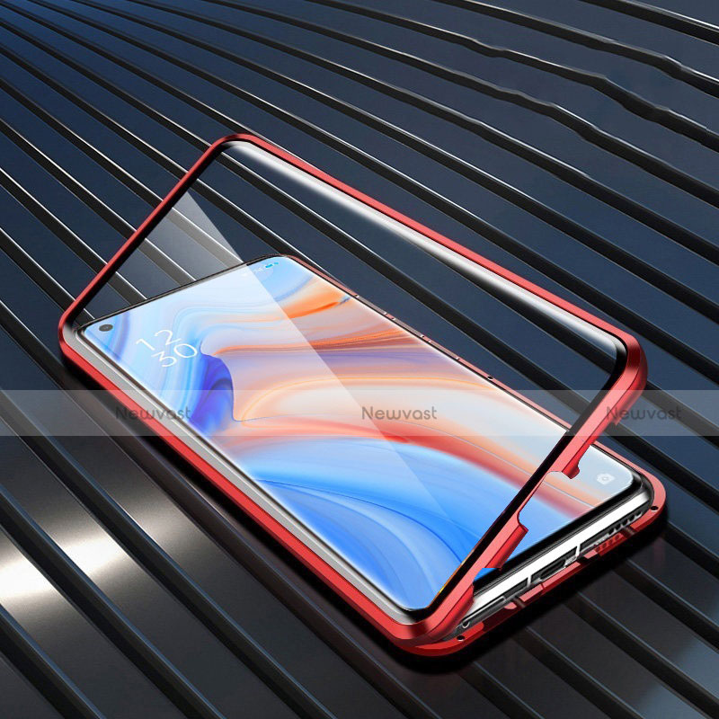 Luxury Aluminum Metal Frame Mirror Cover Case 360 Degrees T02 for Oppo Reno4 5G Red