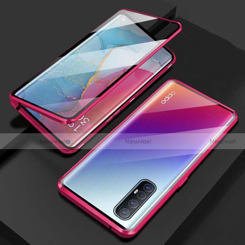 Luxury Aluminum Metal Frame Mirror Cover Case 360 Degrees T03 for Oppo Reno3 Pro Red