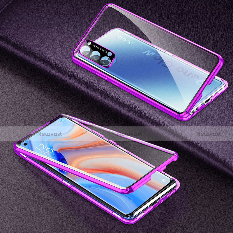 Luxury Aluminum Metal Frame Mirror Cover Case 360 Degrees T03 for Oppo Reno4 Pro 5G Purple