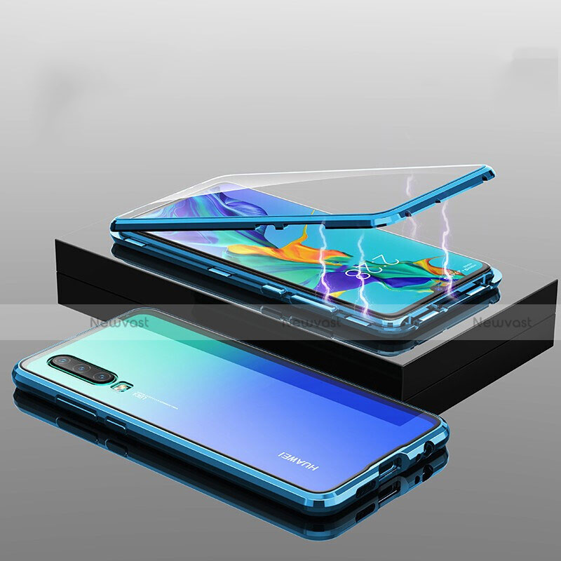 Luxury Aluminum Metal Frame Mirror Cover Case 360 Degrees T04 for Huawei P30 Blue