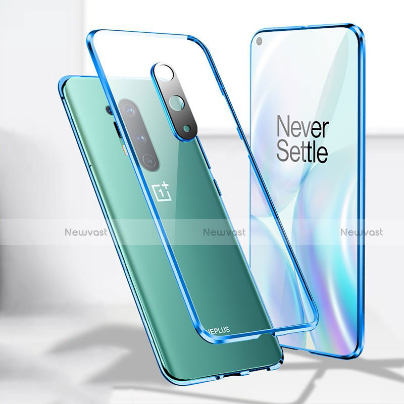 Luxury Aluminum Metal Frame Mirror Cover Case 360 Degrees T04 for OnePlus 8 Pro Blue