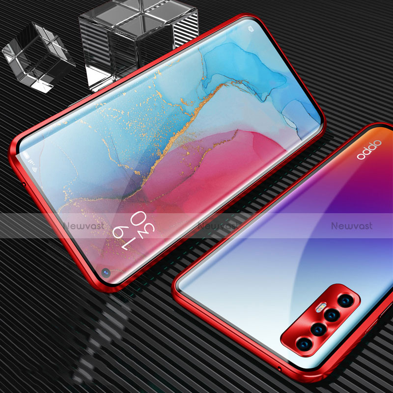 Luxury Aluminum Metal Frame Mirror Cover Case 360 Degrees T04 for Oppo Reno3 Pro Red