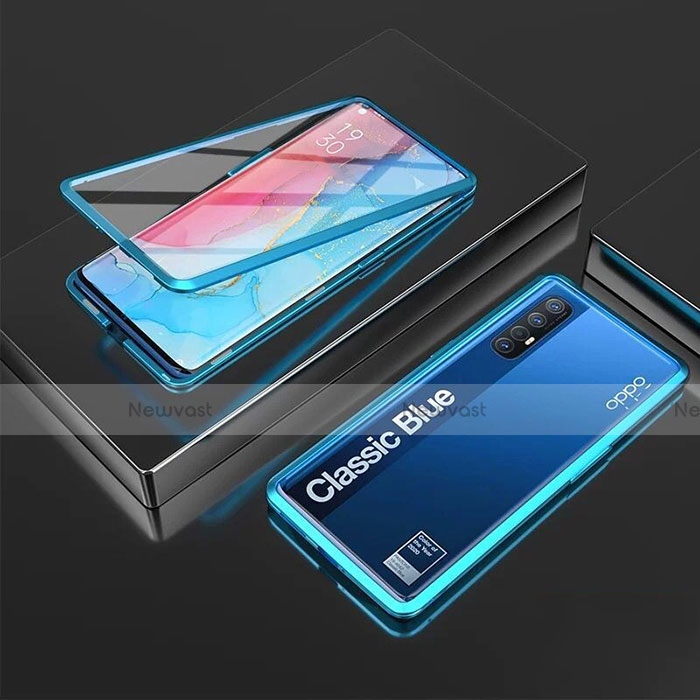 Luxury Aluminum Metal Frame Mirror Cover Case 360 Degrees T05 for Oppo Reno3 Pro Blue