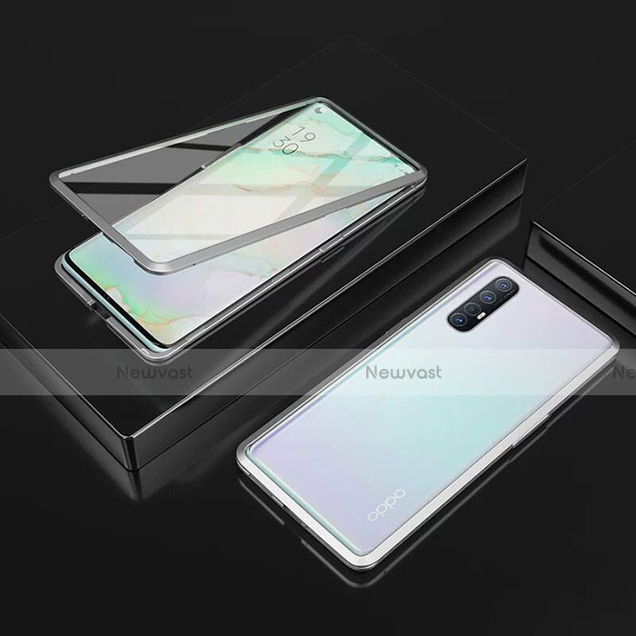 Luxury Aluminum Metal Frame Mirror Cover Case 360 Degrees T05 for Oppo Reno3 Pro Silver