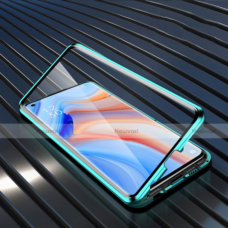 Luxury Aluminum Metal Frame Mirror Cover Case 360 Degrees T05 for Oppo Reno4 5G Green